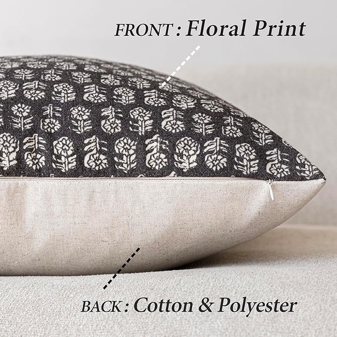 Foindtower Set of 2 Decorative Neutral Floral Print Throw Pillow Covers Vintage Accent Farmhouse Cushion Covers Boho Home Decor for Sofa Couch Chair Bedroom Living Room Outdoor,24×24 Inch,Black
