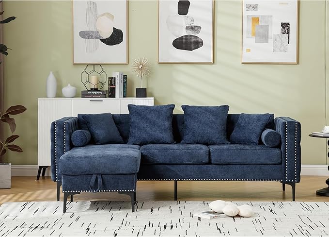 Ball & Cast 85" L Shaped Sectional Sofa with Storage Ottoman, Morden 3 Seater Tufted Couch with Nailhead Trim and Metal Legs for Living Room, Apartment, Office, Blue