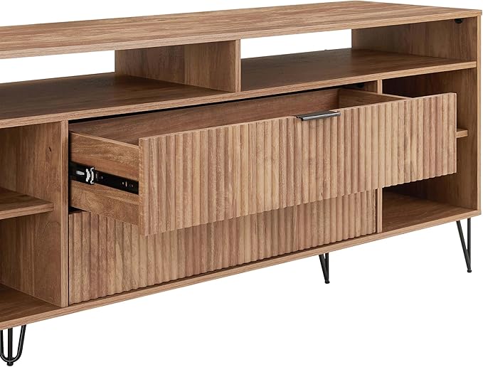 Manhattan Comfort Dumbo Mid Century Modern TV Stand for Televisions up to 60 Inches, Home Entertainment Center with Storage, 6 Shelves, 2 Drawers, No Tool Assembly, 63" Wide, Golden Brown