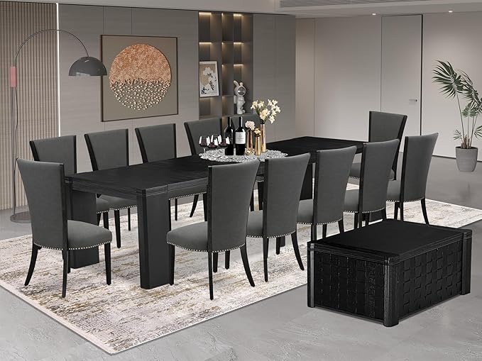 X12VE-0C6-50 - 14-Pc Dining Room Set a Rectangular Dining Table with a coffee Table and 12 Dark Gotham Grey Linen Fabric kitchen Chair, 39x120 Inch, Wire Brushed Black