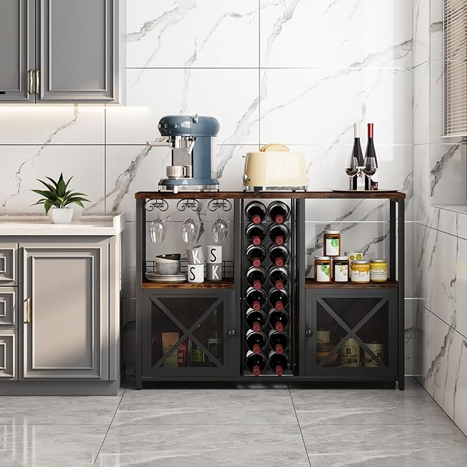 Homeiju Mini Bars for Home, Wooden Coffee Bar Cabinet, Modern Liquor Cabinet for Liquor and Glasses, Farmhouse Buffet Wine Cabinet with Storage Sideboard for Home Kitchen Dining Room