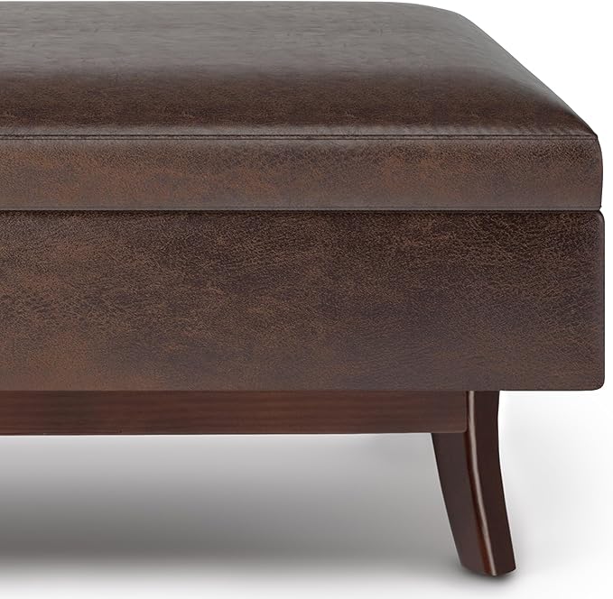 SIMPLIHOME Owen 48 inch Wide Mid Century Modern Rectangle Rectangular Storage Ottoman in Distressed Chestnut Brown Vegan Faux Leather, Assembled, For the Living Room, Entryway and Family Room