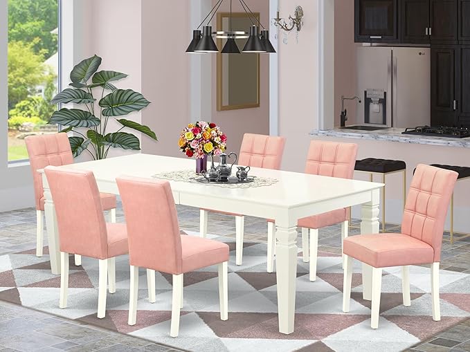 East West Furniture LGAS7-LWH-42 7 Piece Dining Table Set Consists A Wooden Table and 6 Beige Red Polyester Fabric Parson Dining Chairs with Stylish Back- Linen White Finish