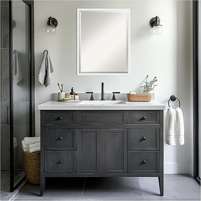 Amanti Art White Bathroom Mirror for Over Sink, 24x30 Incline White Rectangle Vanity Mirror, Large Modern Contemporary Wood Frame, Hangs Horizonally and Vertically, Bathroom Wall Decor, Beveled Edge