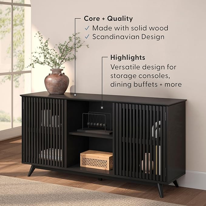 Plank+Beam Mid-Century Modern Wood TV Stand, Solid Wood Entertainment Console with Storage, 59" L x 16" W x 30" H, Black