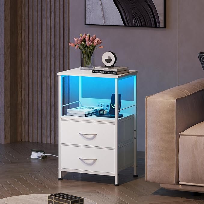 WLIVE White Night Stand with Charging Station, LED Nightstand with 2 Fabric Drawers and Storage Shelf, Dorm Bedside Table End Table with 2 USB Ports and Outlets, Small Dresser for Bedroom, Living room