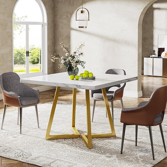 Tribesigns Square Dining Table for 2, 31.5" Modern Dinner Table with Metal Base, Kitchen Table for Dining Room, Small Space, Apartment, White & Gold