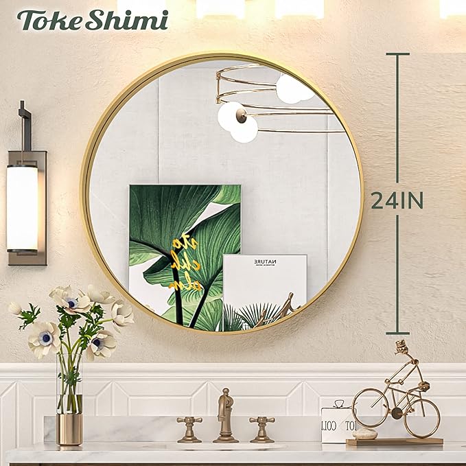 TokeShimi Brushed Gold Round Mirror 24 Inch Gold Round Vanity Bathroom Mirror for Wall Aluminum Alloy Matte Metal Frame Modern Gold Circle Mirror Fit in Minimalist Multi Style Home Decor
