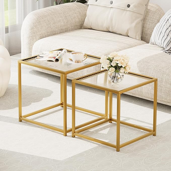 Garden 4 you Coffee Table Set of 2, Modern Patterned Glass Nesting Table, Metal Frame Square Center Table Set, Side Tables, Nesting Coffee Table for Living Room, Bedroom and Small Spaces, 19.7in Gold