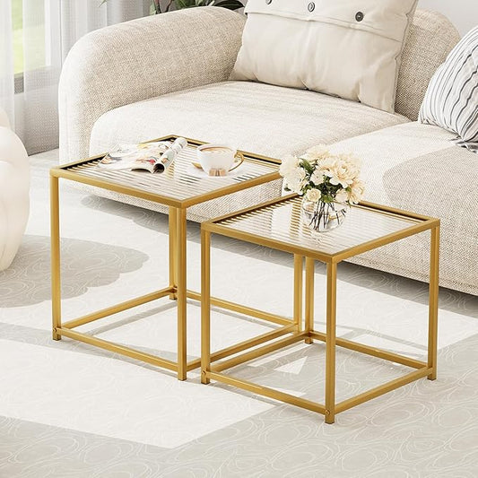 Garden 4 you Coffee Table Set of 2, Modern Patterned Glass Nesting Table, Metal Frame Square Center Table Set, Side Tables, Nesting Coffee Table for Living Room, Bedroom and Small Spaces, 19.7in Gold