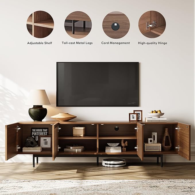 POVISON Full Assembled Mid-Century Modern TV Stand with Slatted Doors, Wood Media Console for 75 Inch TV, TV Console with Tall-cast Metal Legs, Entertainment Center with Storage for Living Room