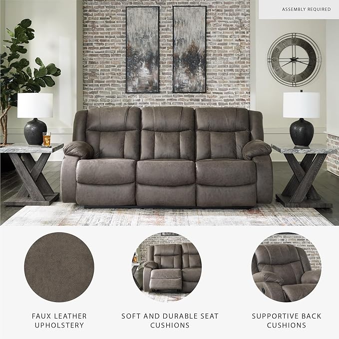 Signature Design by Ashley First Base Contemporary Faux Leather Manual Reclining Sofa, Gray