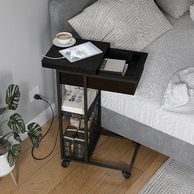 LIDYUK C Shaped End Table with Charging Station, Flip Top Side Table with USB Ports and Outlets, C Table Sofa Table with Storage Shelf for Living Room, Bedroom, Black