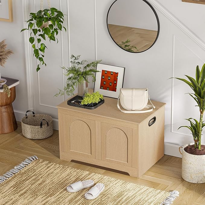 DINZI LVJ Storage Chest, 31.5”Wooden Toy Box with 2 Safety Hinges, Entryway Storage Bench with Flip-Top, Sturdy Storage Trunk for Living Room, Bedroom, Easy Assembly, Natural