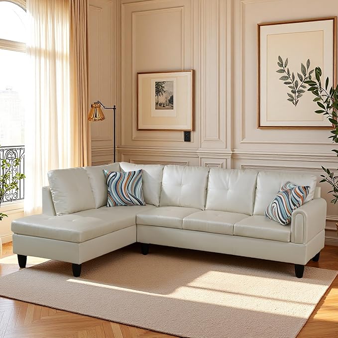 L Shaped Couch Sectional Couches with Chaise, 3 Pieces Modular Convertible Sofa for Living Room Furniture Sets and Small Apartment Faux Leather, Pearl White