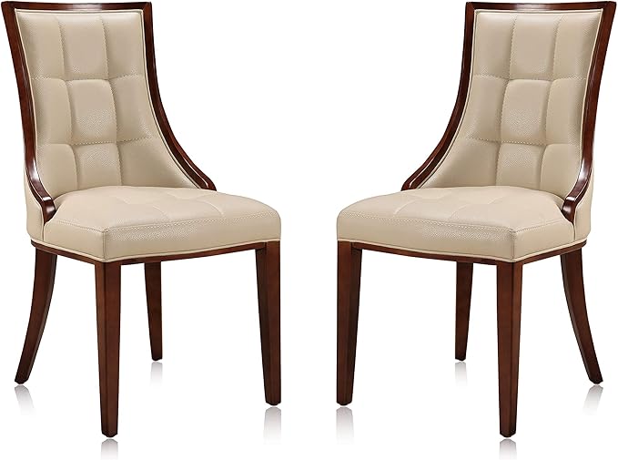 Manhattan Comfort Fifth Avenue Faux Leather Dining Chairs, Parsons Accent Furniture with Padded Wingback Seat, Fine Rectangular Stitching and Solid Beech Wood Frame, Set of 2, Cream