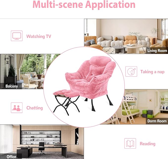 Lazy Chair with Folding Ottoman, Accent Chair Plush Upholstered with Metal Structure and Non-Slip Pads, Sofa Armchair with Footrest and Side Storage Bag for Dorm, Room, Office, Pink