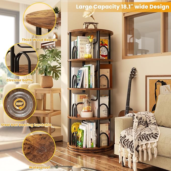 Aheaplus 4 Tier Rotating Bookshelf Tower, 360 Display Spinning Bookcase, Revolving Round Book Shelf Narrow Swivel Bookshelf, Vertical Turning Corner Book Organizer for Small Space, Rustic Brown