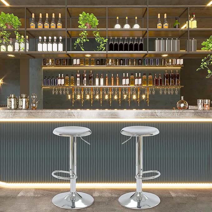 CAROLMADE Bar Stools Set of 2, Adjustable Metal Bar stools Swivel Counter Height Stool Backless Barstools for Kitchen Island Pub, Chrome