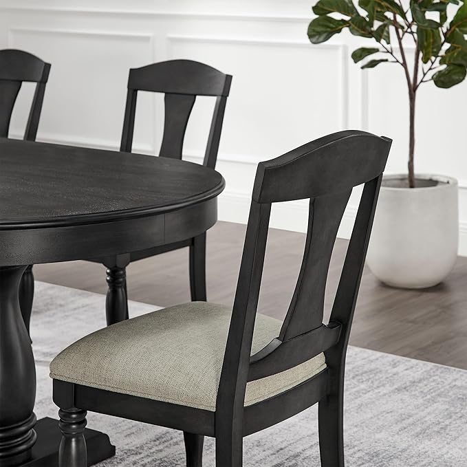 KEIKI Retro 7-Piece Wooden Dining Table Set for 6 Person, Vintage Style Table Set with Extendable Curved MDF Wood Grain Table and 6 Upholstered Chair, Easy Assembly, for Kitchen, Dining Room, Dark Oak