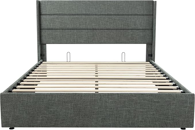 SHA CERLIN Queen Size Lift Up Storage Bed/Modern Wingback Headboard/Upholstered Platform Bed Frame/Hydraulic Storage/No Box Spring Needed/Wood Slats Support/Dark Grey