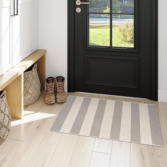 OJIA Fall Front Door Mat Outdoor Entrance 24"x36", Machine Washable Porch Rug Indoor Outdoor Rugs Halloween Doormat Cotton Woven Entryway Rug Striped Small Area Rugs for Kitchen (Gray/White/Tan)