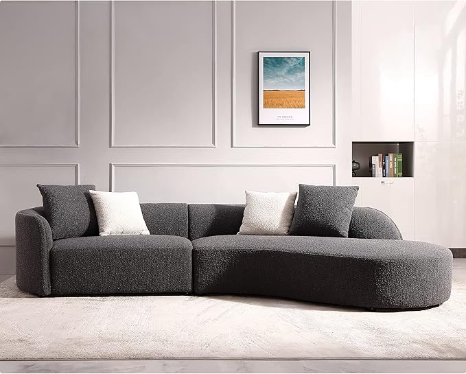 Acanva Luxury Modern Style Living Room Upholstery Curved Sofa with Chaise 2-Piece Set, Right Hand Facing Sectional, Pearl Boucle Couch, Dark Grey