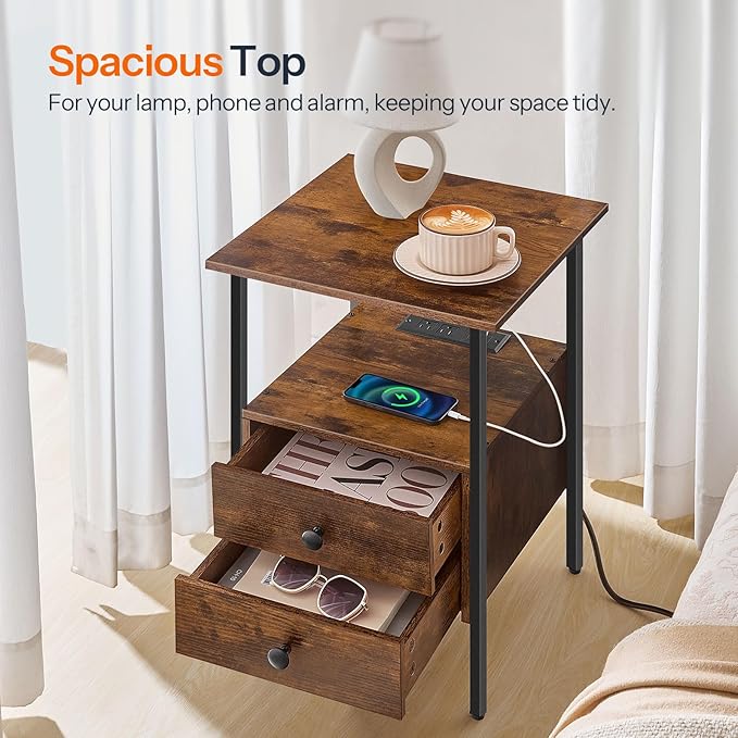 HOOBRO End Table with Charging Station, Bedside Table with 2 Drawer & USB Port & Type-C Port, Nightstand for Small Spaces, Stable and Sturdy, for Living Room, Rustic Brown BF43UBZ01