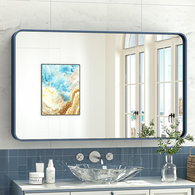 TokeShimi 48 x 24 Inch Wall Mirror Blue Bathroom Vanity Mirror with Metal Frame Aluminum Alloy Rounded Corner for Modern Farmhouse Wall Decor 1”Deep Set Design (Horizontal/Vertical)