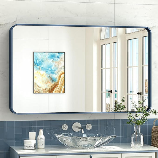 TokeShimi 48 x 24 Inch Wall Mirror Blue Bathroom Vanity Mirror with Metal Frame Aluminum Alloy Rounded Corner for Modern Farmhouse Wall Decor 1”Deep Set Design (Horizontal/Vertical)