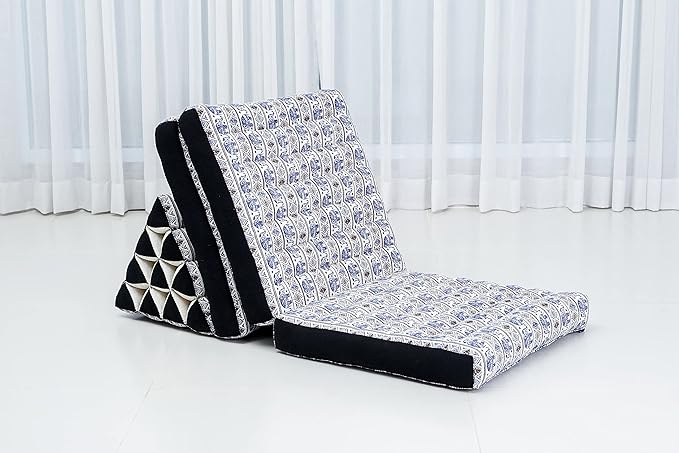 Leewadee - Comfortable Japanese Floor Mattress - Thai Floor Bed with Triangle Cushion - Futon Mattress - Thai Massage Mat, 67 x 21 inches, Blue White, Kapok Filling