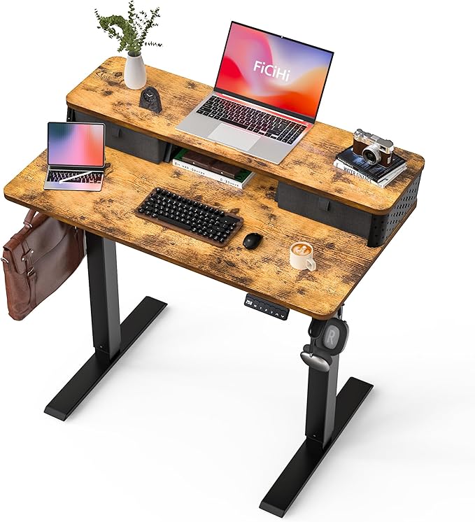 35x20 Inch Standing Desk with Double Drawers,C-Clamp Mount Compatible,Electric Adjustable Height Computer Stand Up Desks, Home Office Sit Stand Table with 3 Preset Heights & Hooks, Rustic Brown