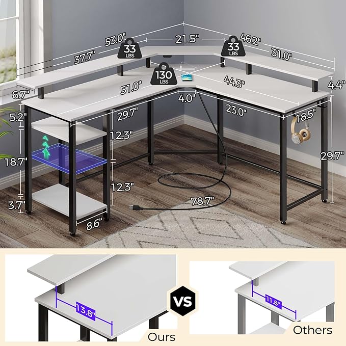 Rolanstar L Shaped Gaming Desk with LED Lights & Power Outlets, 46.2" Computer Desk with Full Monitor Stand & Storage Shelf, Corner Desk with Hooks, White Desk Reversible