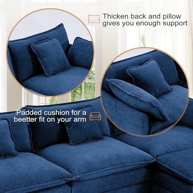Furniliving 112‘’ L-Shaped Sofa, Luxury Chenille Modular Sectional Couches with Ottoman, Upholstered Deep Seat Sleeper Sofa with Memory Foam and Waist Pillows, Blue