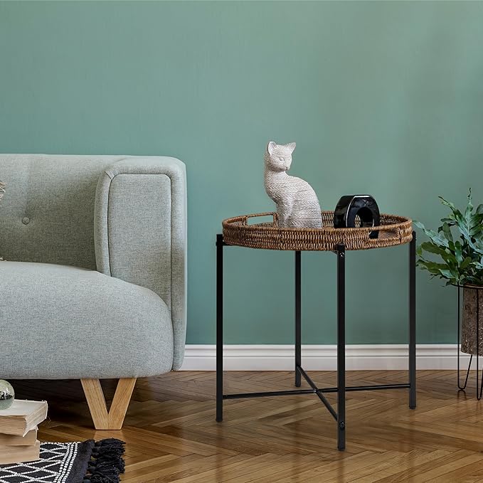 Brown Small Round End Table, 19in Rattan End Tables, Wicker Rattan Side Table, Round Sofa Side Table, Indoor Outdoor Side Tables for Patio, Living Room Bedroom Office