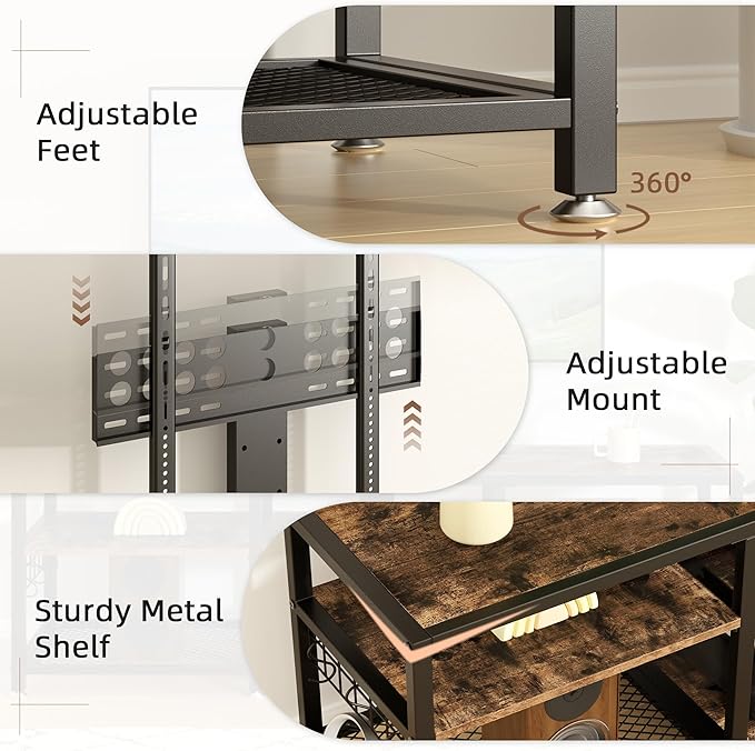 VECELO 63" TV Stand with Mount and Power Outlets, Entertainment Center Console with Open Storage Shelves, Height Adjustable Mount up to 75”, Wooden Table and Metal Frame for Living Room, Rustic Brown