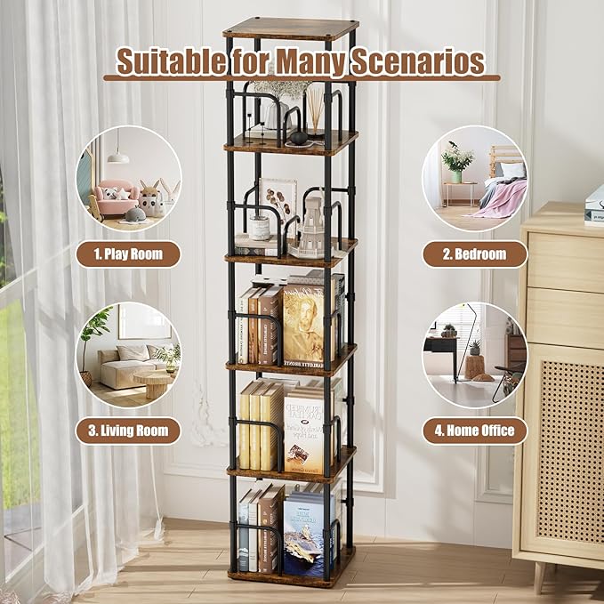 5 Tier Square Rotating Bookshelf, 360 ° Display Stackable Spinning Bookshelf Tower, Space Saving Tall Floor Standing Swivel Bookcase Corner Storage Organizer for Living Room, Rustic Brown, Small Size