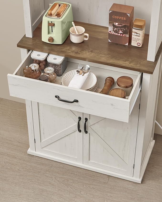 VASAGLE 71" Kitchen Pantry Cabinet with Lights and Charging Station, Coffee Bar Cabinet with Doors and Drawer, Farmhouse Style, Adjustable Shelves, Rustic White UBBK363W12