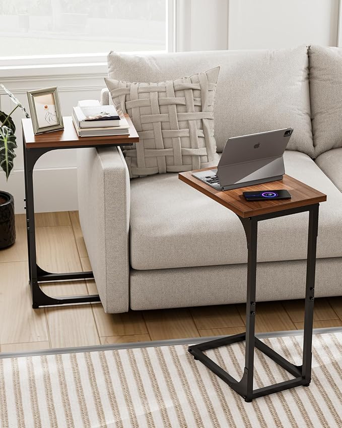 C-Shaped Side Table for Couch - Small Coffee Stand Sofa Tray Desk with Metal Frame and Waterproof Scratch Resistant, Modern End Accent for Living Room, Bedroom, Small Spaces, Rustic Walnut