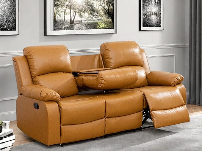 Leather Recliner Sofa Couch, 3-Seater Home Theater Seating Reclining Sofa, Power Reclining Couch with Cup Holders & Drop Down Table for Living Room Furniture Sets, Orange