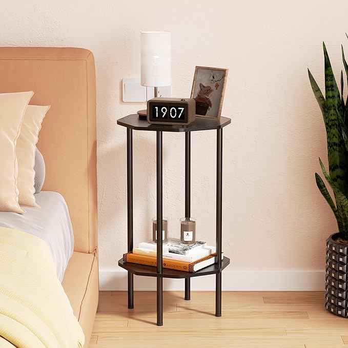 Side Table, Octagonal End Table for Small Spaces, Nightstand with 2 Storage Shelves, Small Table Stand for Bedroom, Living Room, Outdoor Balcony(Black)