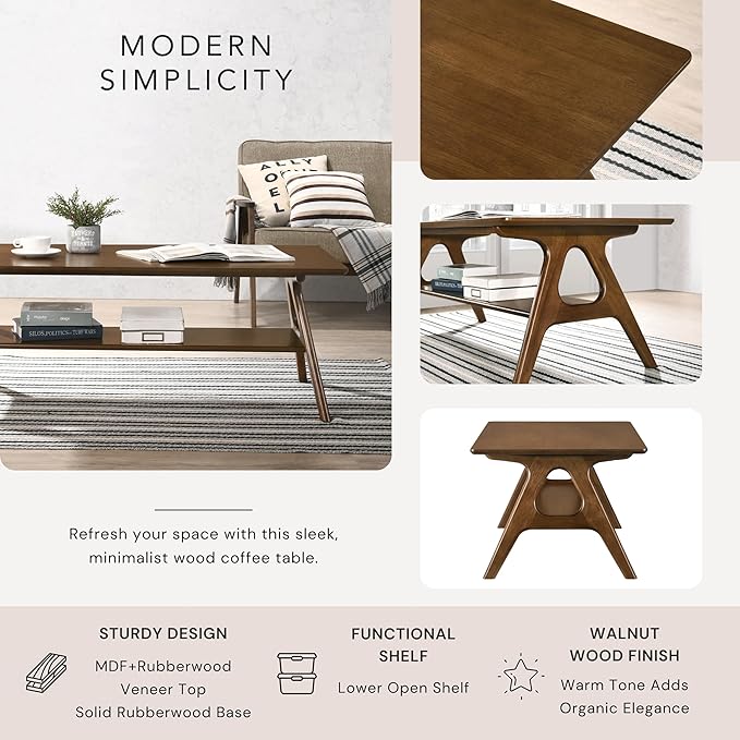 Roundhill Furniture Arona 3-Piece Coffee Table Set, Coffee Table and Two End Tables, Walnut