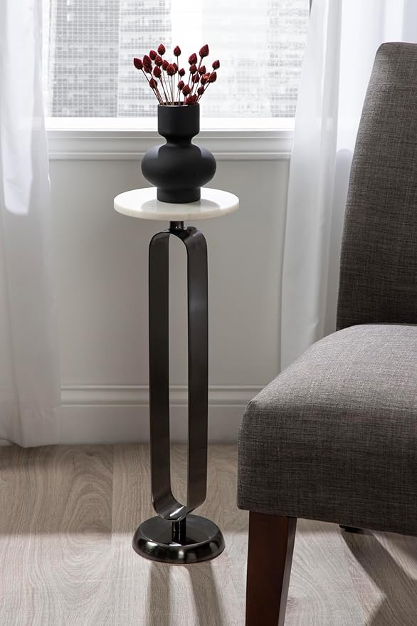 Kate and Laurel Helio Modern Round Drink Table, 8 x 8 x 24, White and Gray Gunmetal, Natural Marble Cocktail Table for Small Spaces and Use as Small Plant Stand or Nightstand