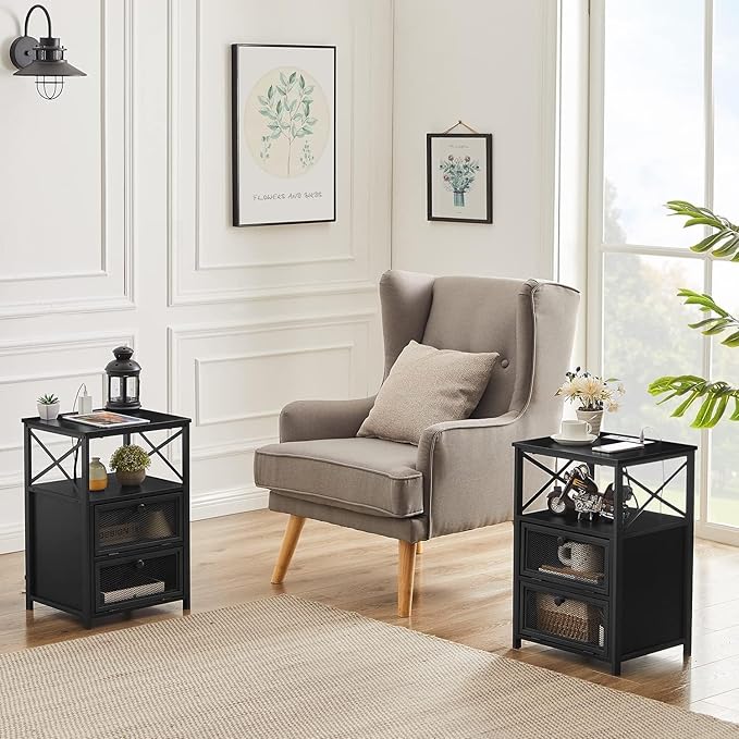 VECELO Black End Table with USB Ports and Outlets,24 Inch Nightstands with Charging Station and Storage Shelf for Bedroom,Living Room, 1 Set