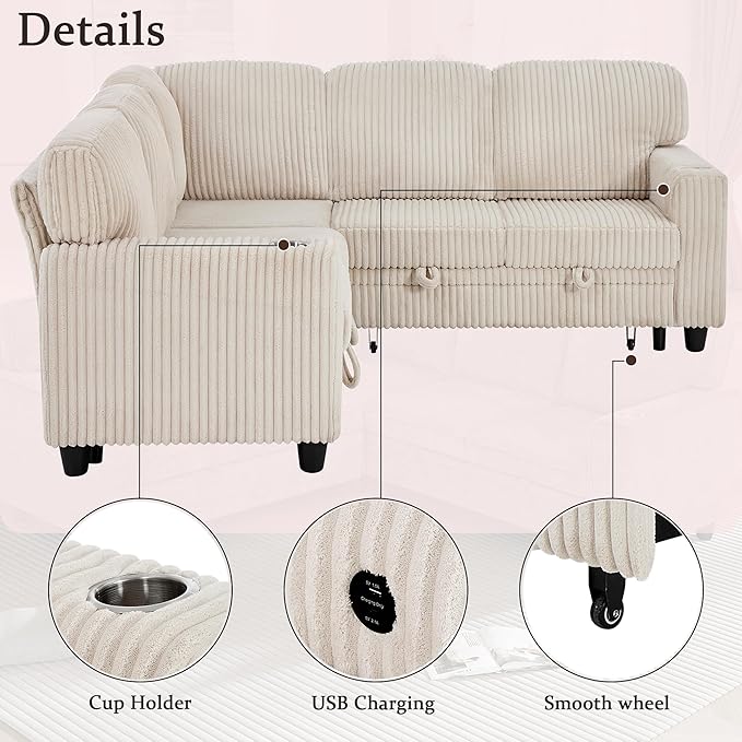 Ball & Cast Modular Sectional Sleeper Sofa Bed,L-Shaped Couch W/Pull Out Bed and USB Charging,Cupholders&Storage Seats,Convertible Sleeper Sofa Beds for Living Room,Apartment,Corduroy Fabric,Beige,81"