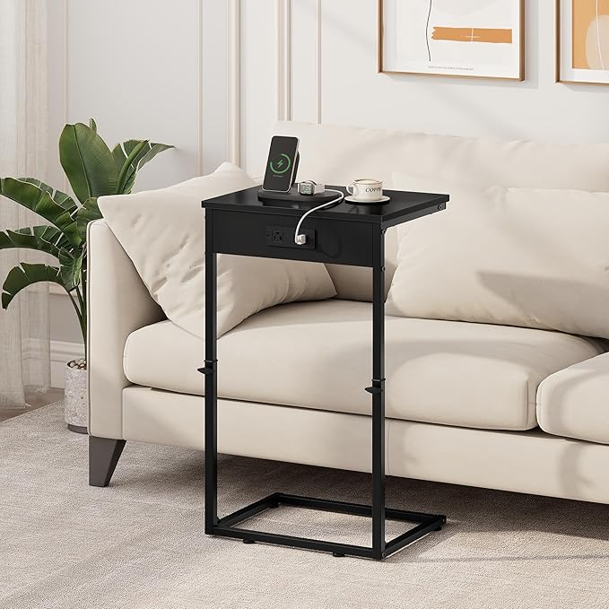 Vagusicc C Shaped End Table with Charging Station, Adjustable Height Side Table for Couch,Small Side Table Small Spaces, 33.2'' Tall Couch Tables that Slide Under, Tv Tray Table for Living Room, Black