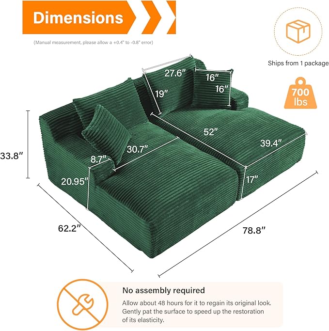 ERYE 79" Oversized Double Chaise Lounge Indoor Sleeper Recliner Sofabed with 4 Pillows, Fluffy Corduroy Loveseat Sleeper Chaise Daybed 2 Pieces Boneless Chair Sofa Bed for Living Room Bedroom Reading