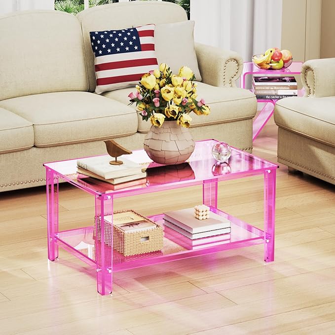 Acrylic Nightstand Side Table Modern Design Clear Home Decor Display End Table for Living Room (Pink)