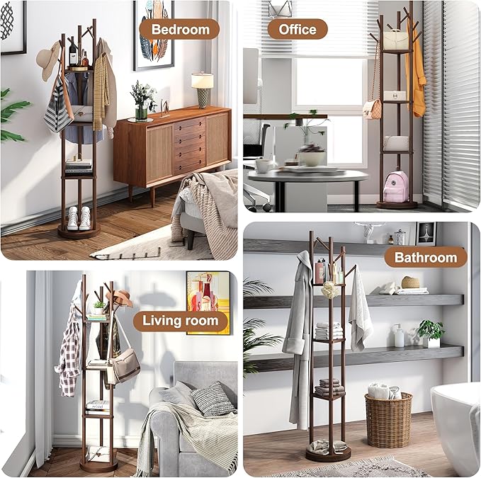 FILWH Bamboo Coat Rack Rotary Freestanding with Shelf Tree Stand for Hallway Entryway Hanger Stand with 9 Hooks 3 Shelves (Brown)