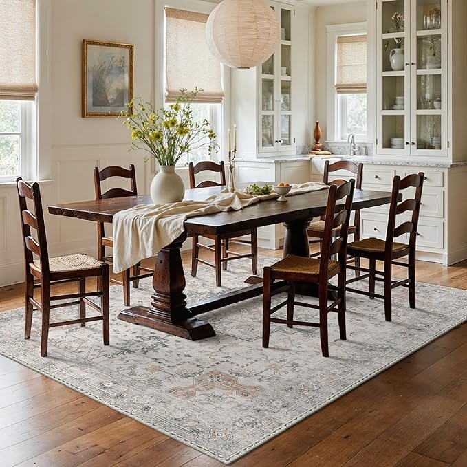 GENIMO 4x6 Area Rugs for Living Room, Machine Washable Low Pile Vintage Rugs, Non Slip Lightweight Chenille Print Rug for Bedroom, Dining Room, Home Office, Light Taupe Brown
